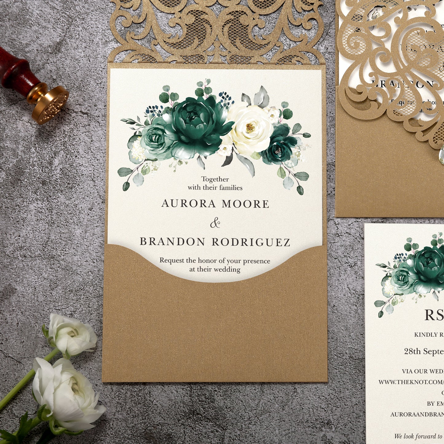 Vertical Green Floral Laser cut invitations for Wedding Anniversary
