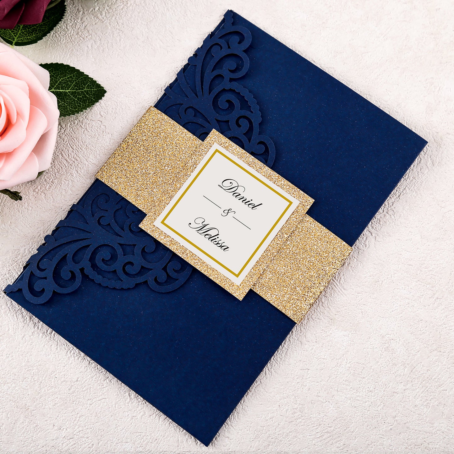 DreamBuilt 4.7 x7 inch Navy Blue Laser Cut Wedding Invitations With Envelopes Kit Hollow Rose Pocket And Gold Glitter Belly Band for Wedding Bridal Shower Engagement Invite