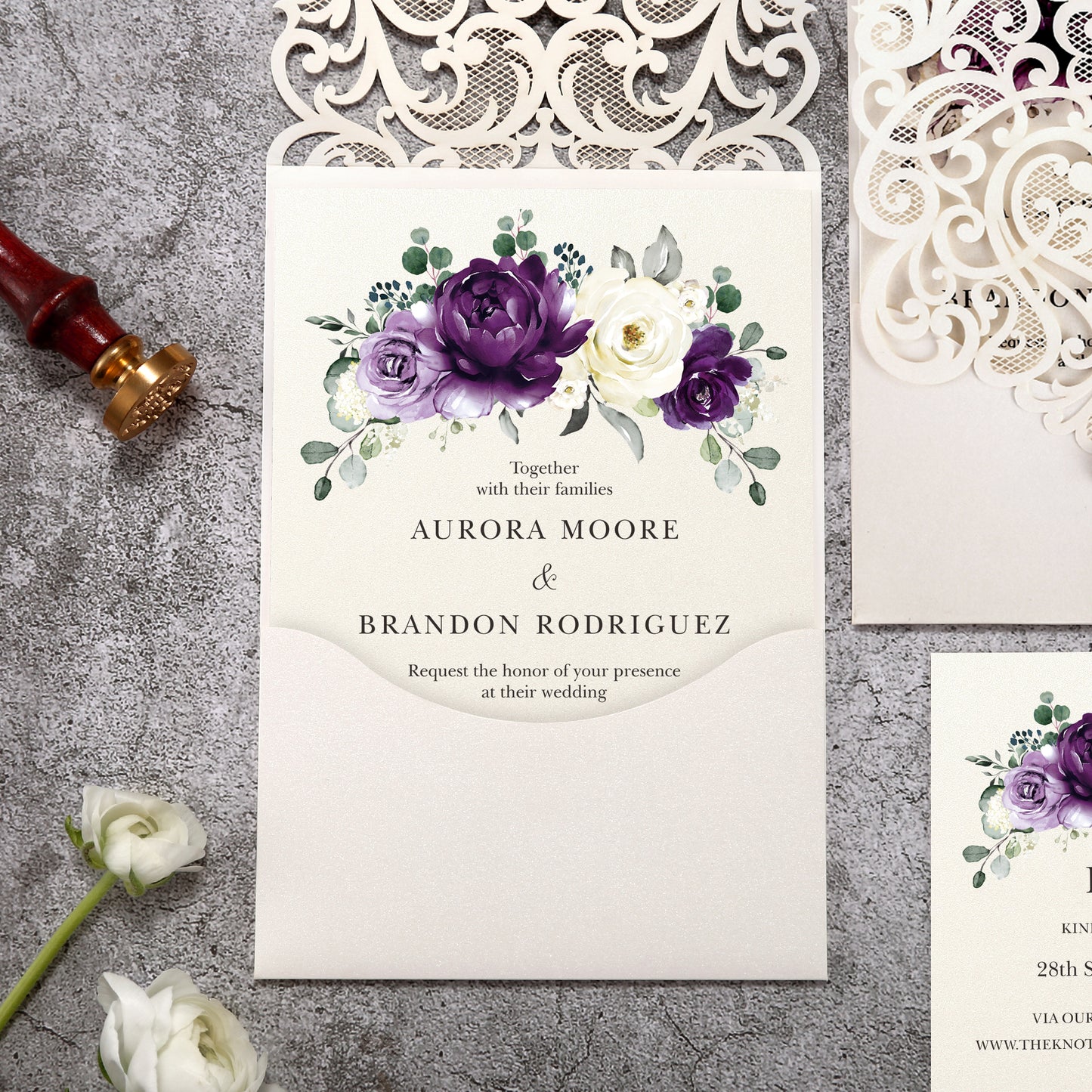 Vertical Purple Floral Laser cut invitations for Wedding Anniversary
