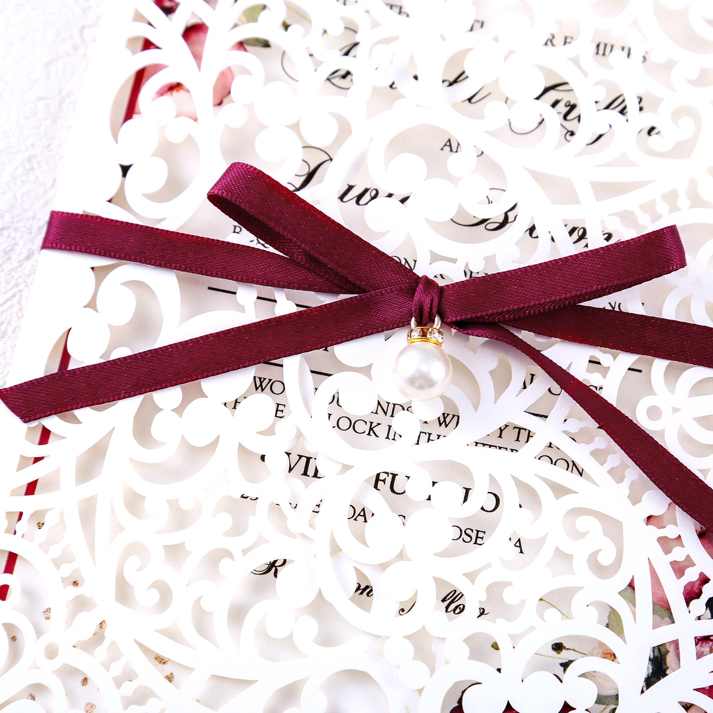 5 X 7.2" Laser Cut Hollow Rose Wedding invitations Cards With Burgundy Ribbon And Envelopes For Wedding Bridal Shower Engagement - DorisHome