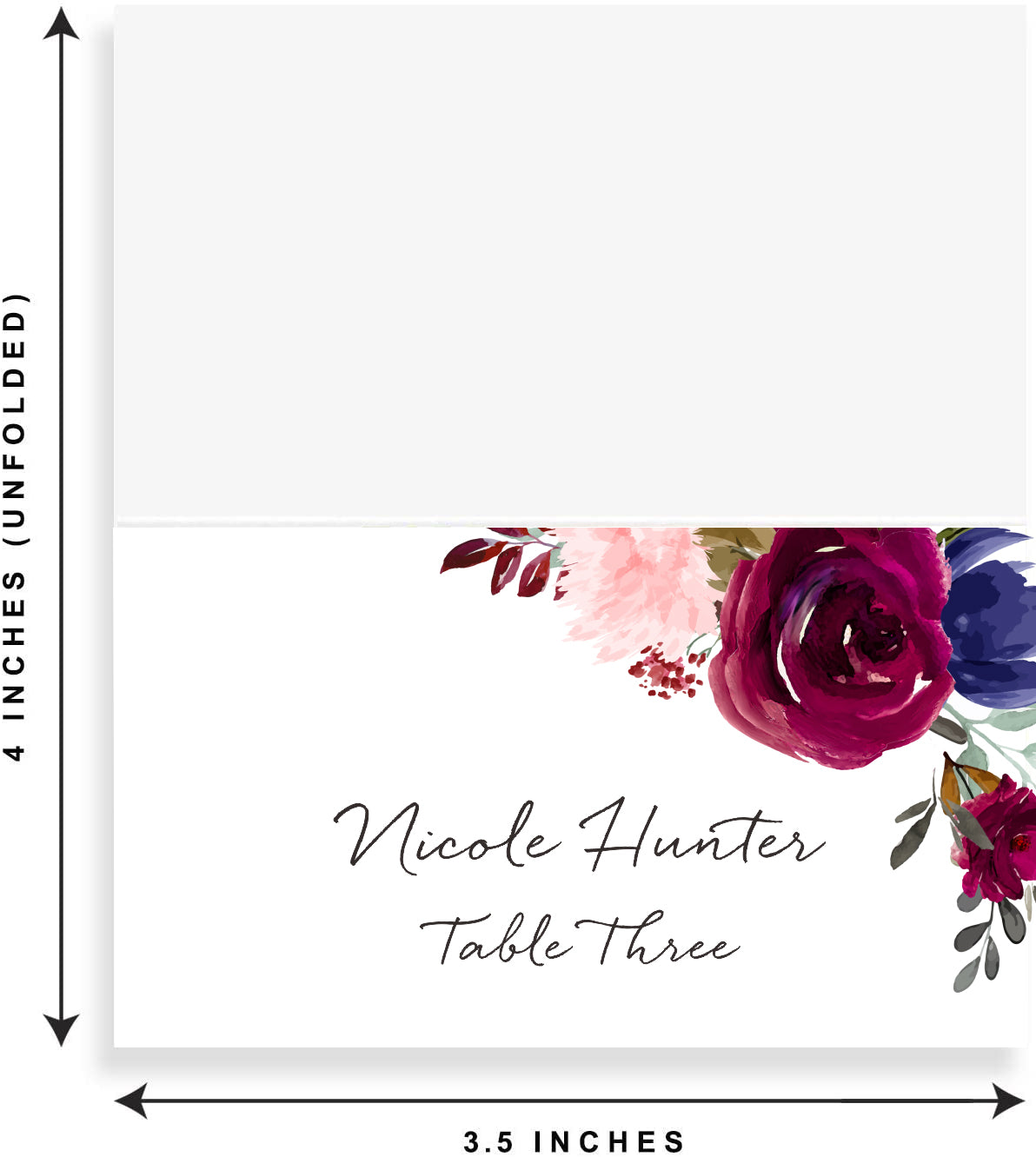 Floral Place Cards for Wedding or Party, Seating Place Cards for Tables, Scored for Easy Folding, Flower Design, 2 x 3.5 Inches