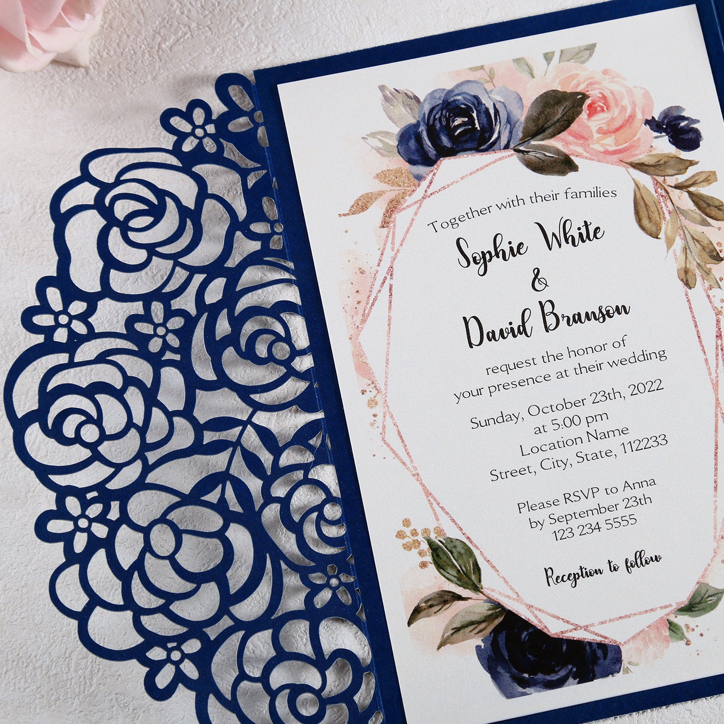 4.7 x7 inch Blue Laser Cut Hollow Rose Wedding Invitations Cards with Pearlized Pockets and Envelopes for Wedding Bridal Shower - DorisHome