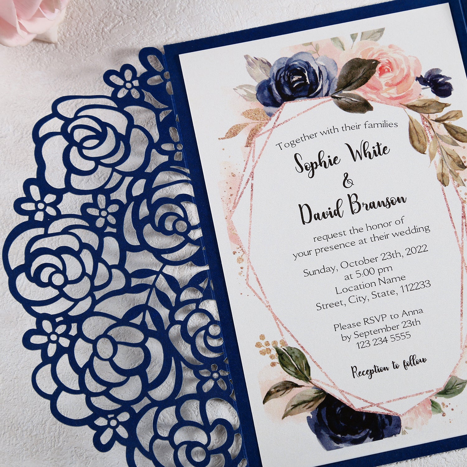 4.7 x7 inch Blue Laser Cut Hollow Rose Wedding Invitations Cards with Pearlized Pockets and Envelopes for Wedding Bridal Shower - DorisHome