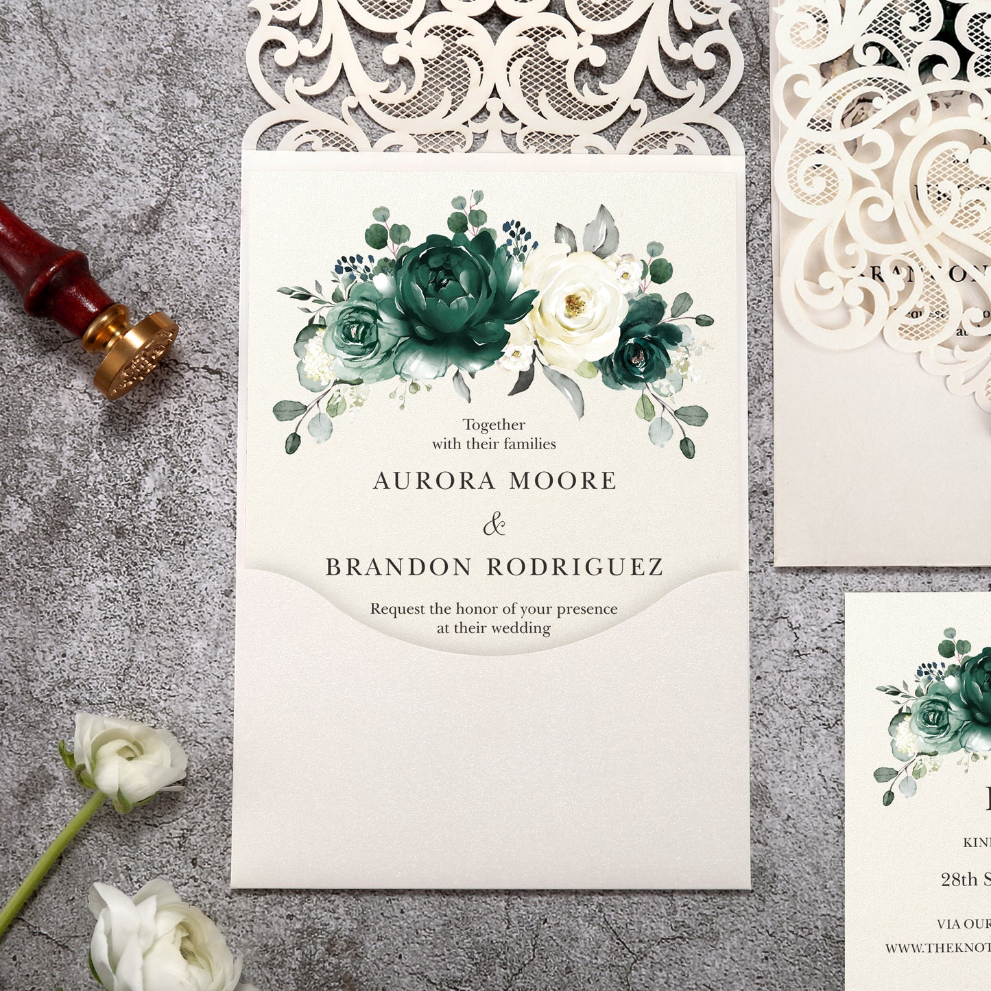 Vertical Green Floral Laser cut invitations for Wedding Anniversary