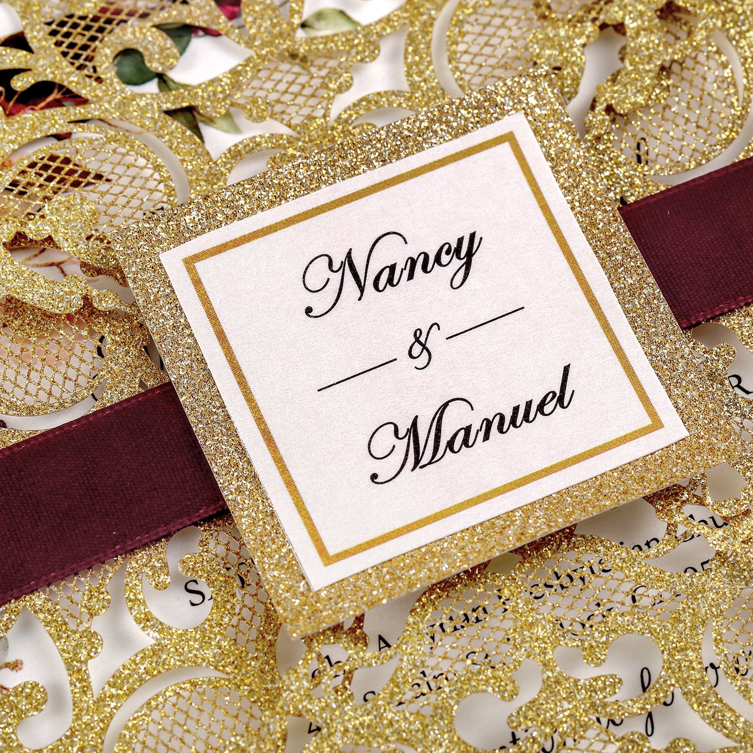 Square Rose Gold Glitter Wedding Invitations with Glitter Belly Band for Wedding 的副本 - DorisHome