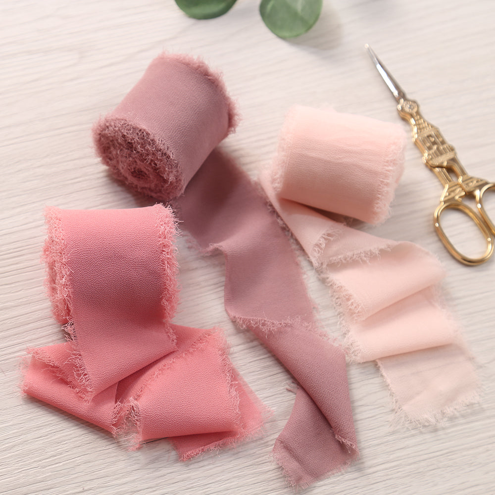 Handmade Fringe Chiffon Silk-Like Ribbon 2" x 7Yd Set of 3 Rolls Ribbons for Wedding Invitations, Bouquets, Gift Wrapping (3 Rolls Dusty Rose/Mauve/Pink) - DorisHome