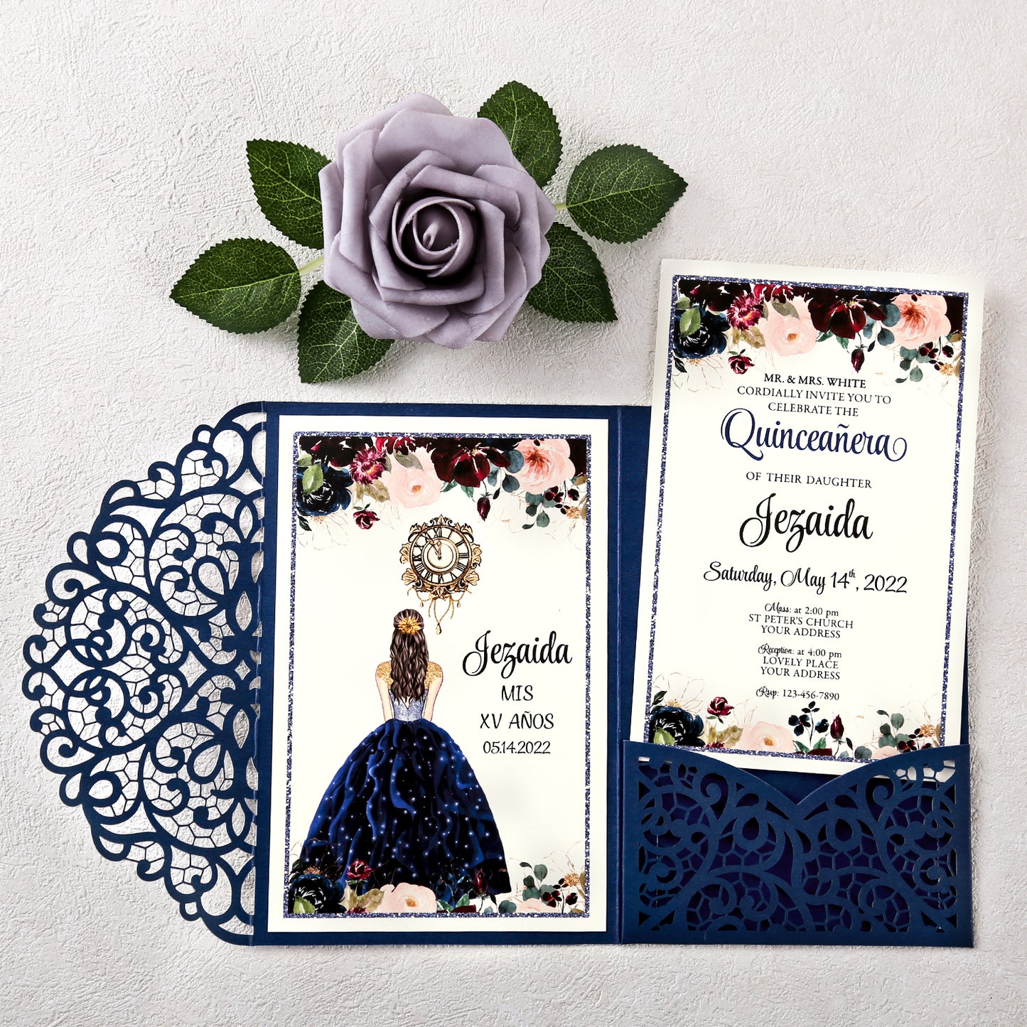 4.7 x7 inch Blue Laser Cut Hollow Rose Quinceanera Invitations Cards with Envelopes for Quinceanera Party