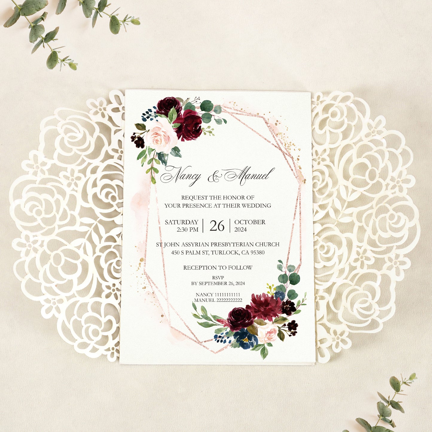 Gold Glitter Floral Laser cut invitation cards with Burgundy Ribbon and Pearl for Wedding Anniversary