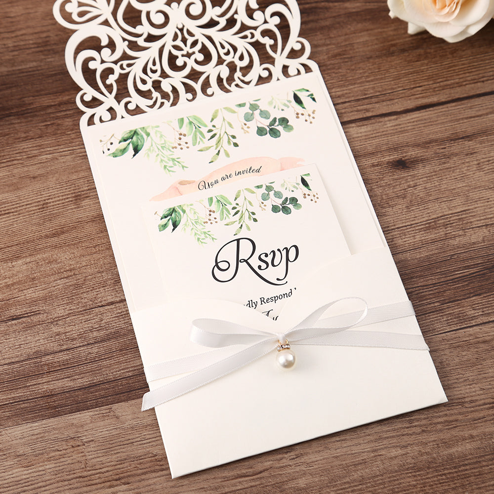 Vertical White Floral Laser cut invitations for Wedding Anniversary - DorisHome