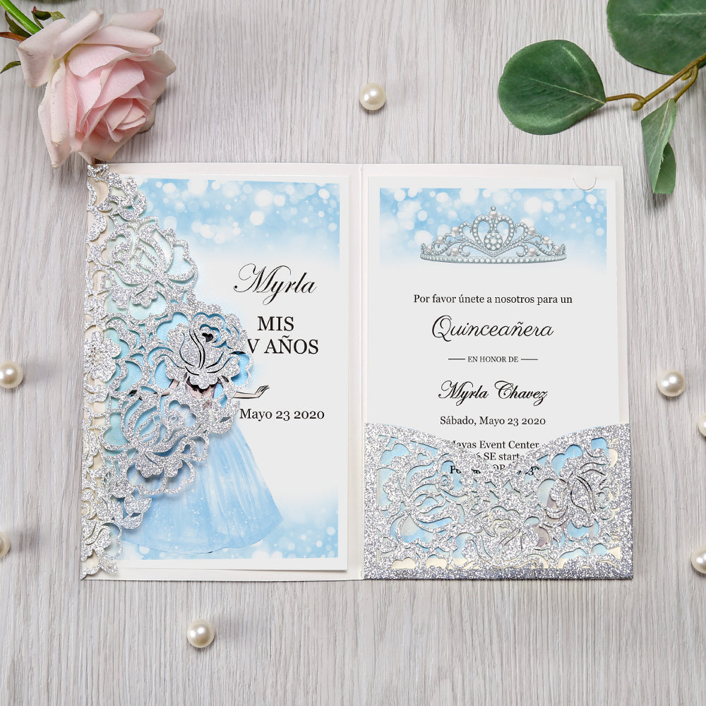 Glitter Silver Floral Laser cut invitation cards for Quinceanera - DorisHome