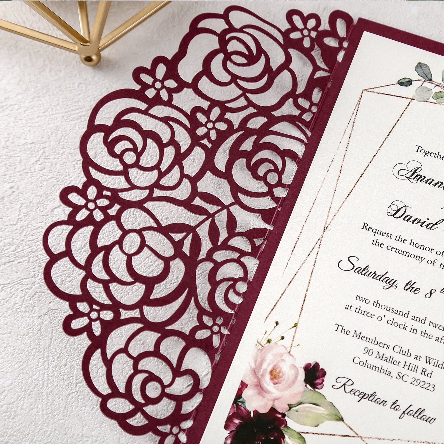 DreamBuilt 4.7 x7 inch Burgundy Laser Cut Hollow Rose Wedding Invitations Cards with Burgundy Pockets and Envelopes for Wedding Bridal Shower