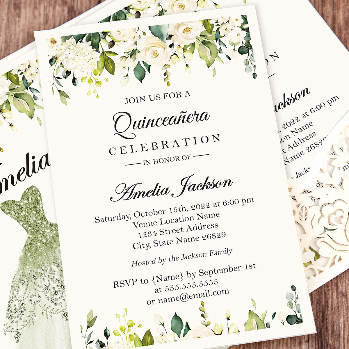 White Floral Laser cut green design invitation cards for Quinceanera