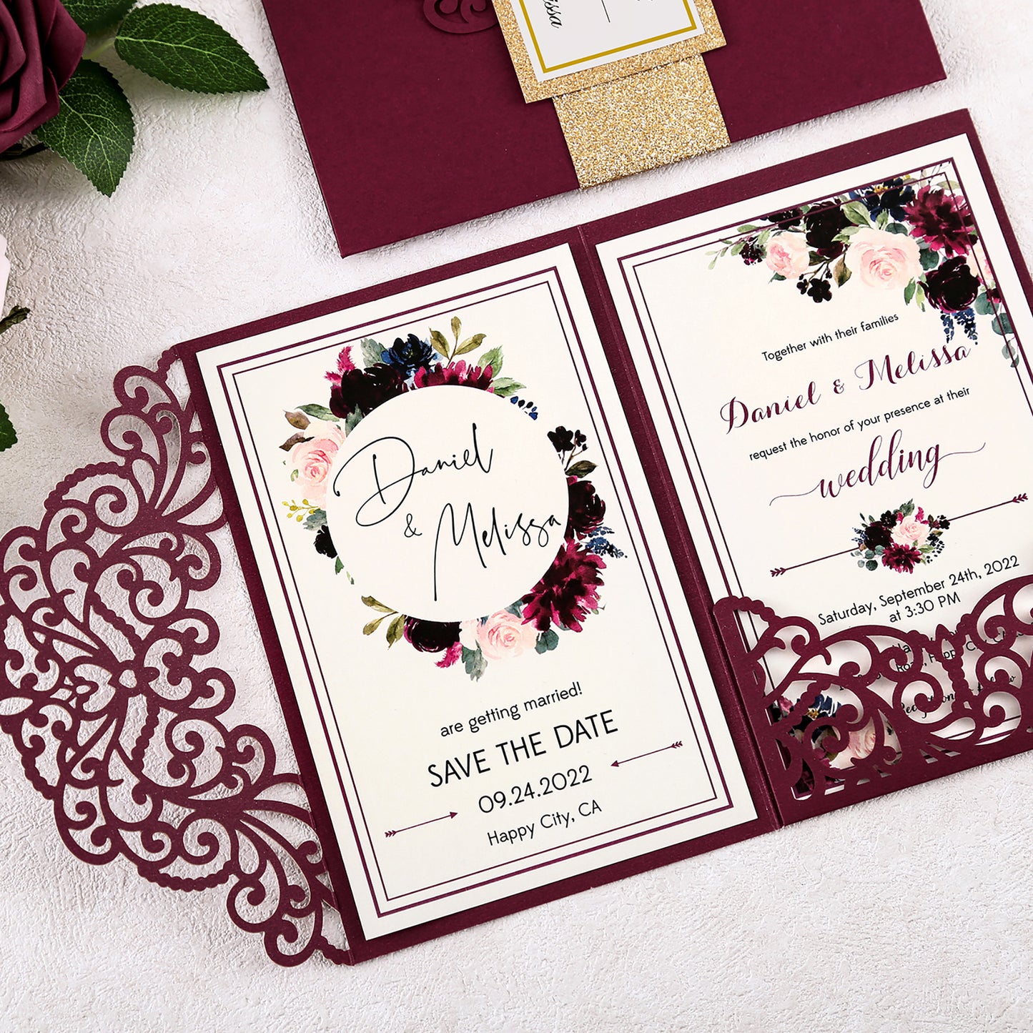 DreamBuilt 4.7 x7 inch Burgundy Laser Cut Wedding Invitations With Envelopes Kit Hollow Rose Pocket And Gold Glitter Belly Band for Wedding Bridal Shower Engagement Invite