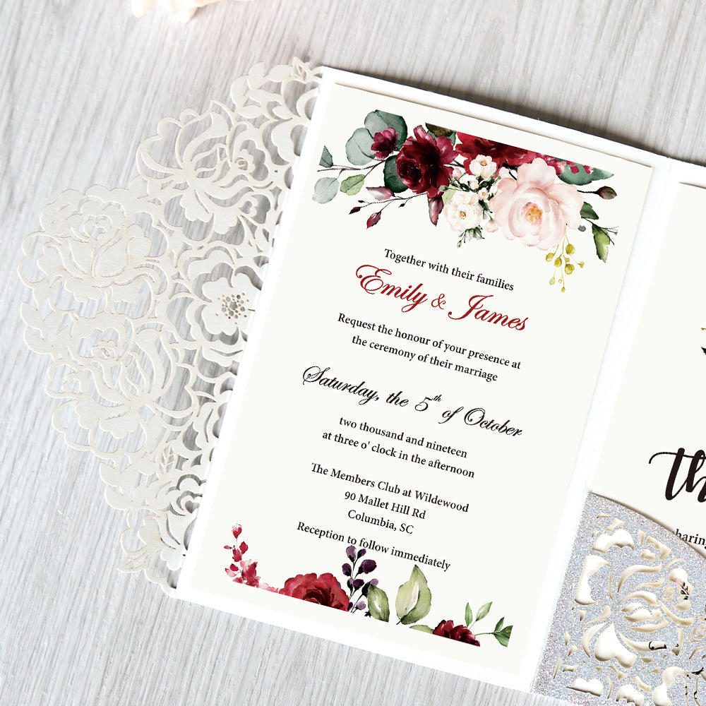 Glitter Silver Floral Laser cut invitation cards for Wedding - DorisHome