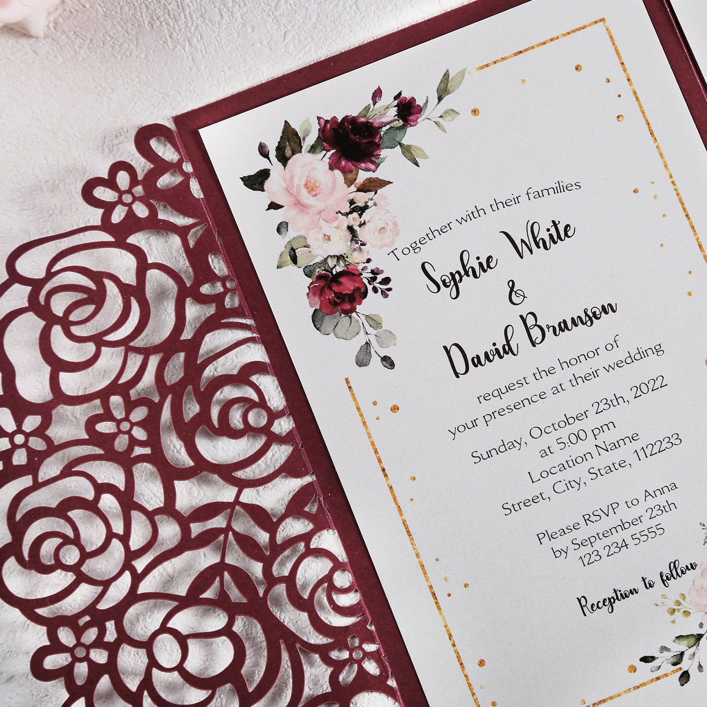 4.7 x7 inch Burgundy Laser Cut Hollow Rose Wedding Invitations Cards with Pearlized Pockets and Envelopes for Wedding Bridal Shower - DorisHome