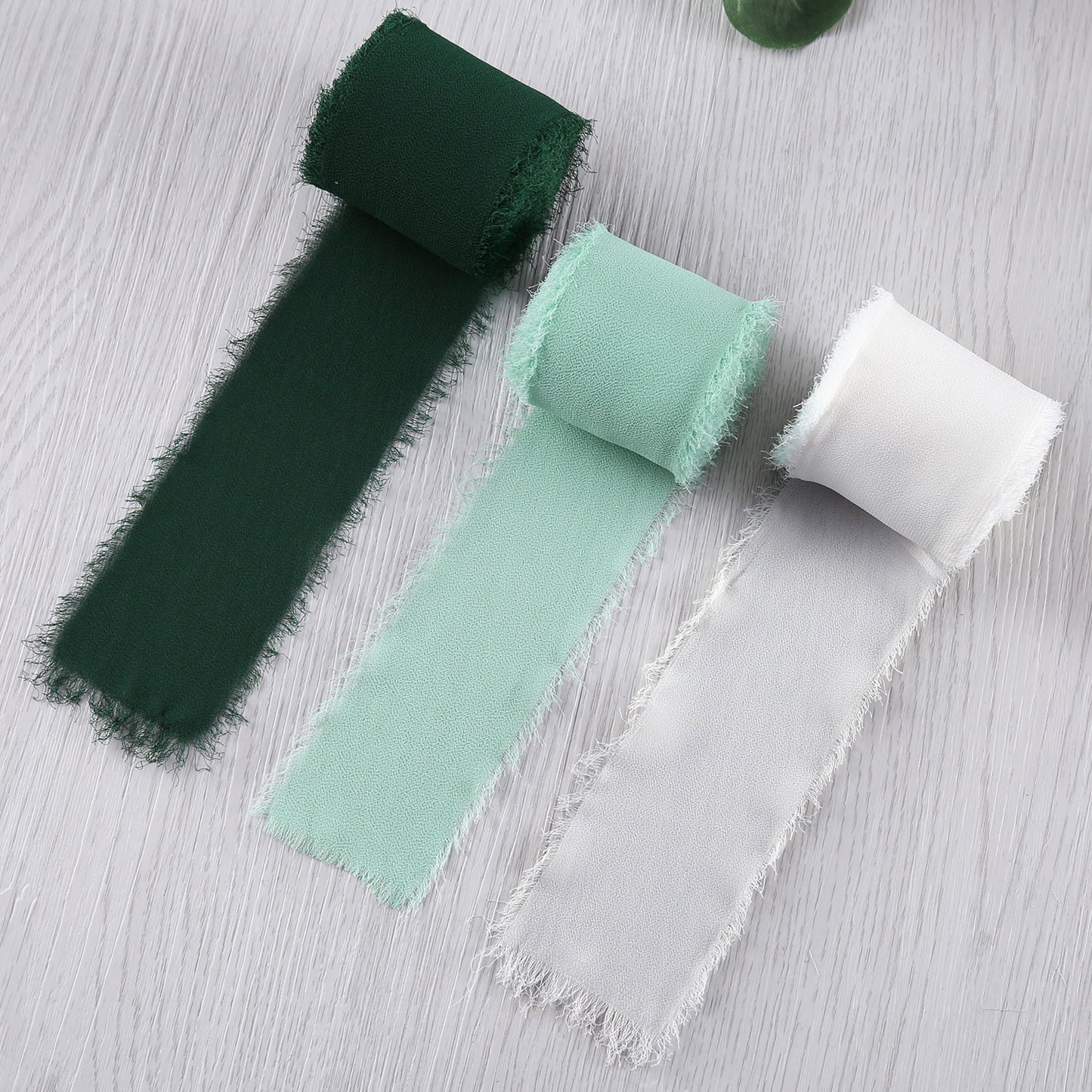Handmade Fringe Chiffon Silk-Like Ribbon 2" x 7Yd Set of 3 Rolls Ribbons for Wedding Invitations, Bouquets, Gift Wrapping (3 Rolls Dark Green/Mint/Ivory)