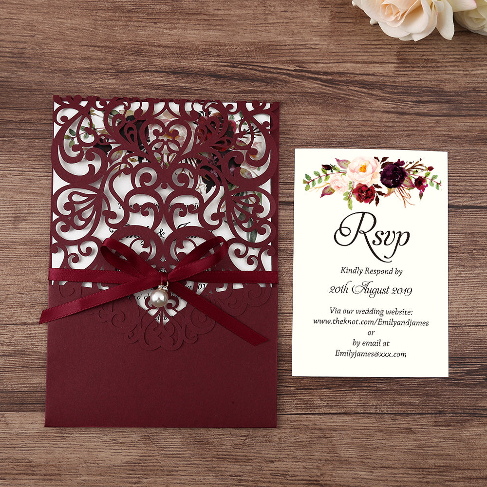 Burgundy Floral Laser cut invitation cards with ribbon bellyb band and pearl for wedding - DorisHome