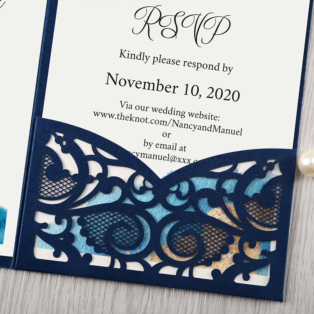Pearlized Blue Floral Laser cut Wedding Invitation with Glitter Gold Bellyband for Wedding, Anniversary, Quinceanera - DorisHome