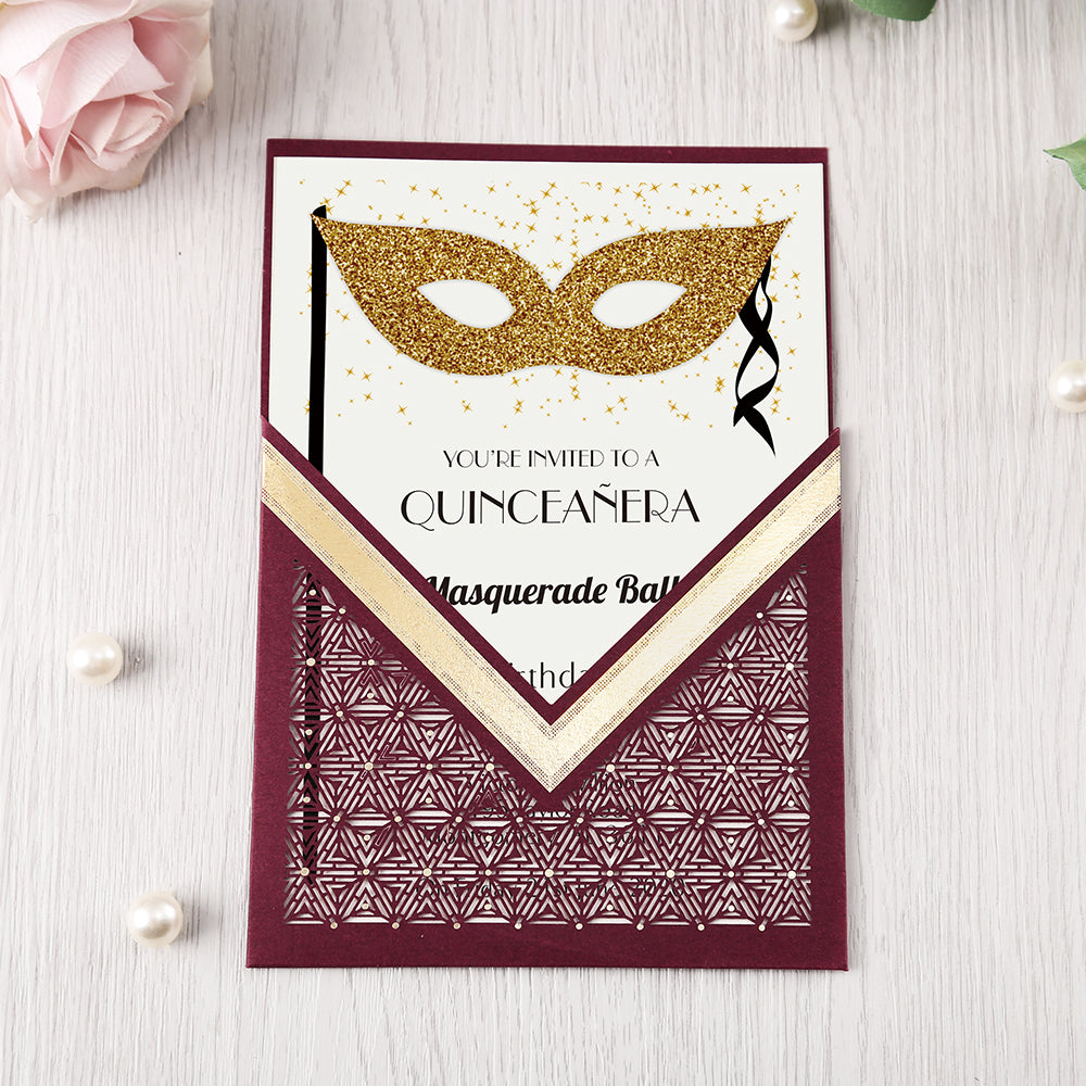 Burgundy Floral Laser cut invitation cards for Wedding, Anniversary, Quinceanera - DorisHome