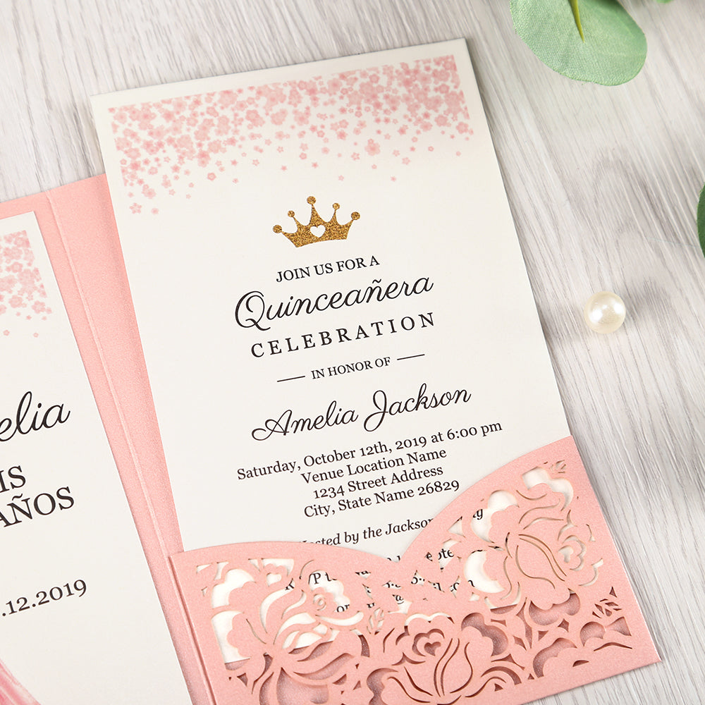 Pink Floral Laser cut invitation cards for Quinceanera - DorisHome
