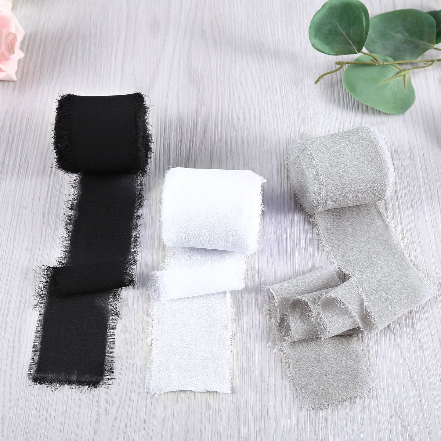 Handmade Fringe Chiffon Silk-Like Ribbon 2" x 7Yd Set of 3 Rolls Ribbons for Wedding Invitations, Bouquets, Gift Wrapping (3 Rolls Black/White/Light Grey)