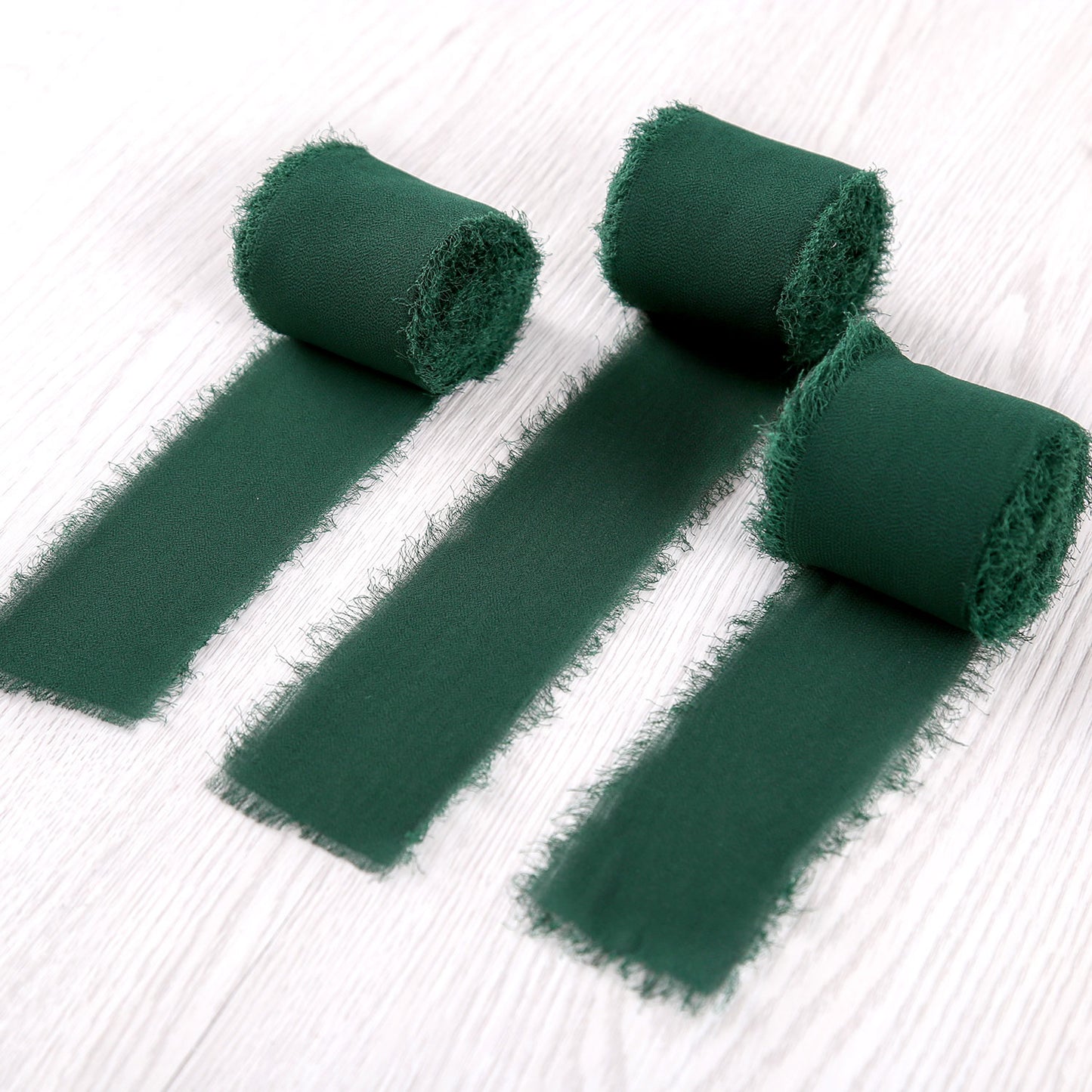 Handmade Fringe Chiffon Silk-Like Ribbon 2" x 7Yd Set of 3 Rolls Ribbons for Wedding Invitations, Bouquets, Gift Wrapping (3 Rolls Dark Green)