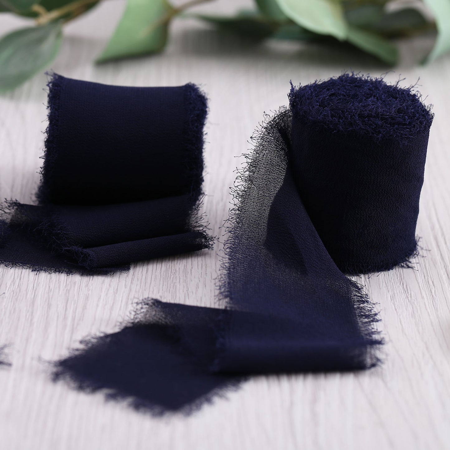 Handmade Fringe Chiffon Silk-Like Ribbon 2" x 7Yd Set of 3 Rolls Ribbons for Wedding Invitations, Bouquets, Gift Wrapping (3 Rolls Dark Navy Blue)