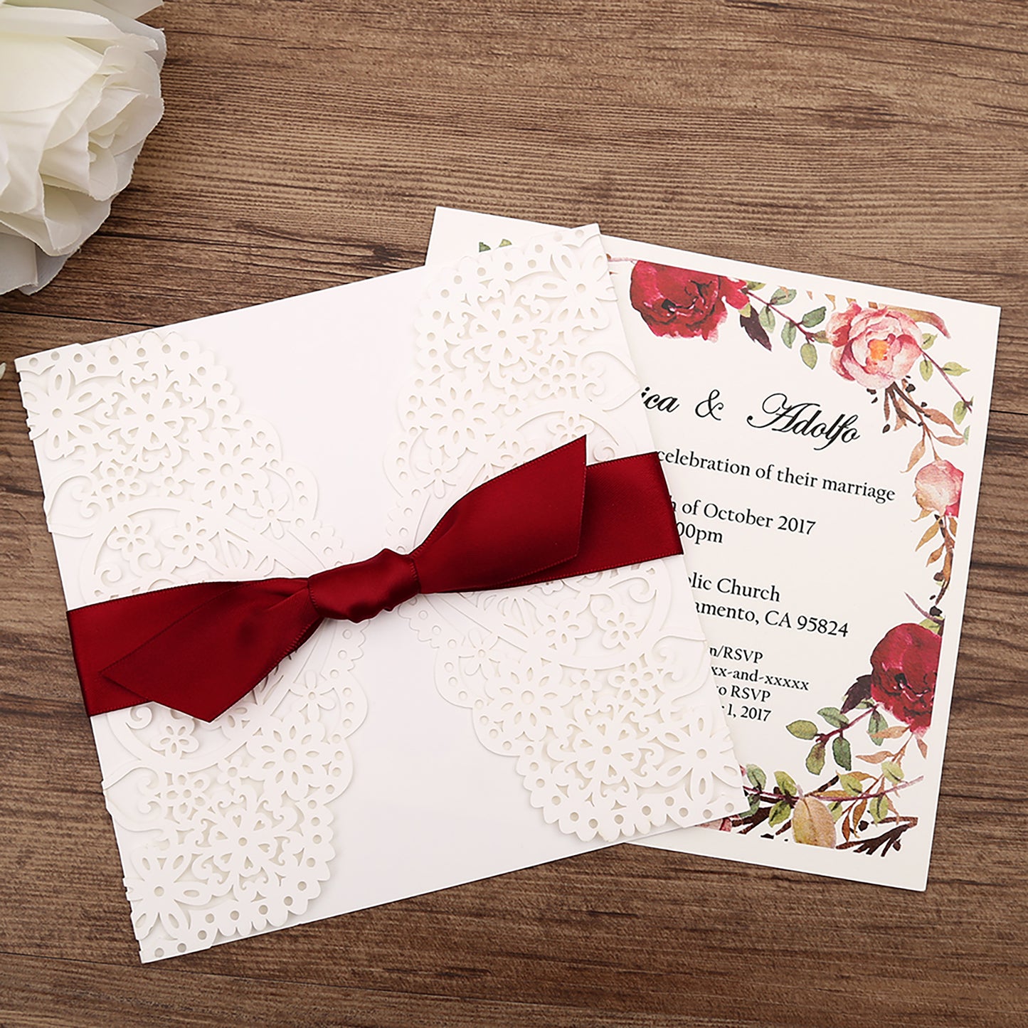 Square Invitations Cards With Burgundy Ribbon For Wedding