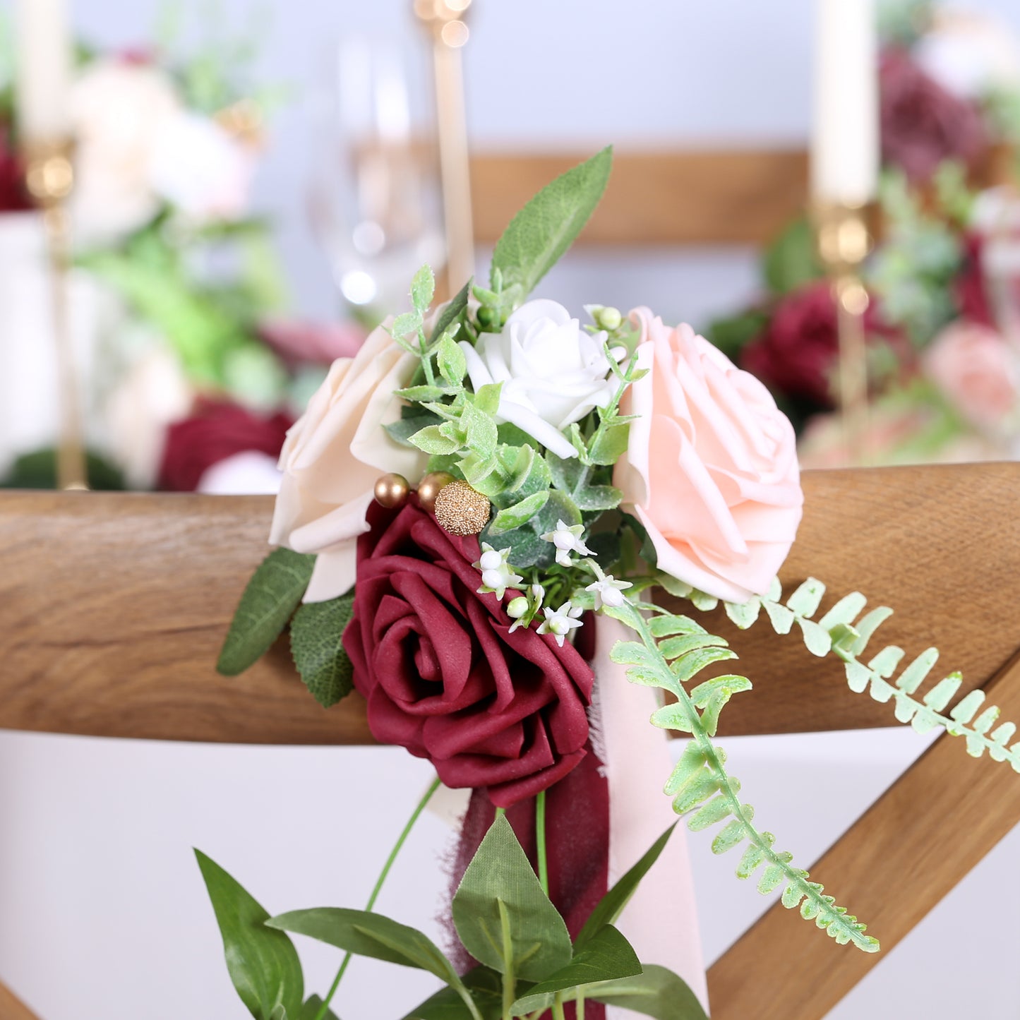 Wedding Aisle Decorations Burgundy Pew Flowers Set of 10 for Wedding Ceremony Party Chair Decor with Artificial Flowers Eucalyptus and Ribbons