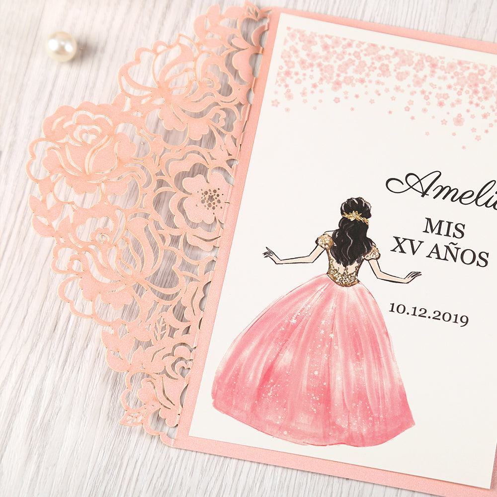 Pink Floral Laser cut invitation cards for Quinceanera - DorisHome