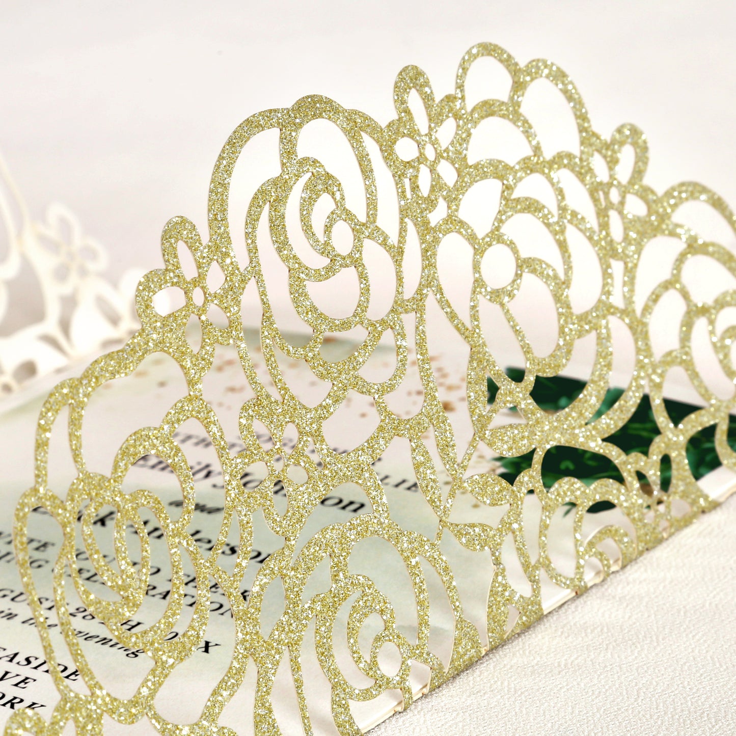 Gold Glitter Floral Laser cut invitation cards with Emerald Green Ribbon and Pearl for Wedding Anniversary