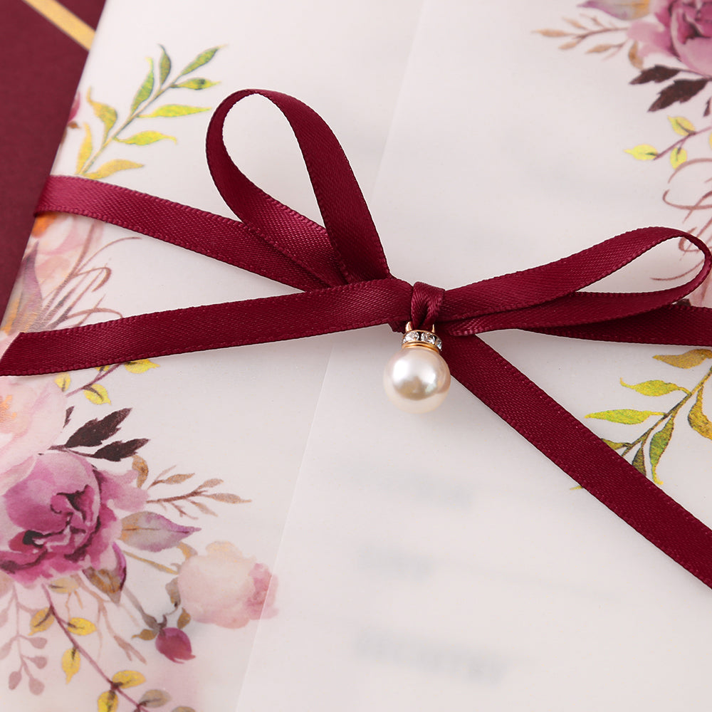 Pocket Burgundy Wedding Invitations Greeting Cards - DorisHome