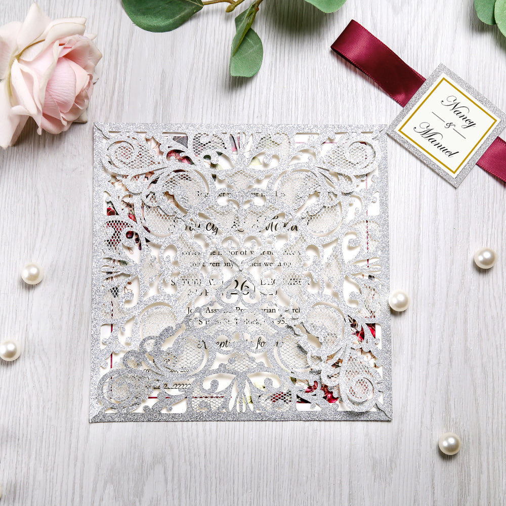 Square Glitter Sliver Wedding Invitations with Burgundy Ribbon Belly Band for Wedding - DorisHome