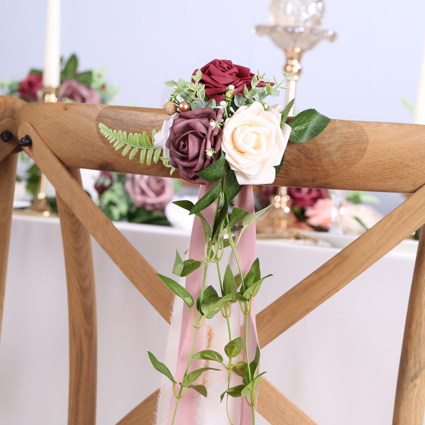 Wedding Aisle Decorations Mauve Burgundy Pew Flowers Set of 10 for Wedding Ceremony Party Chair Decor with Artificial Flowers Eucalyptus and Ribbons