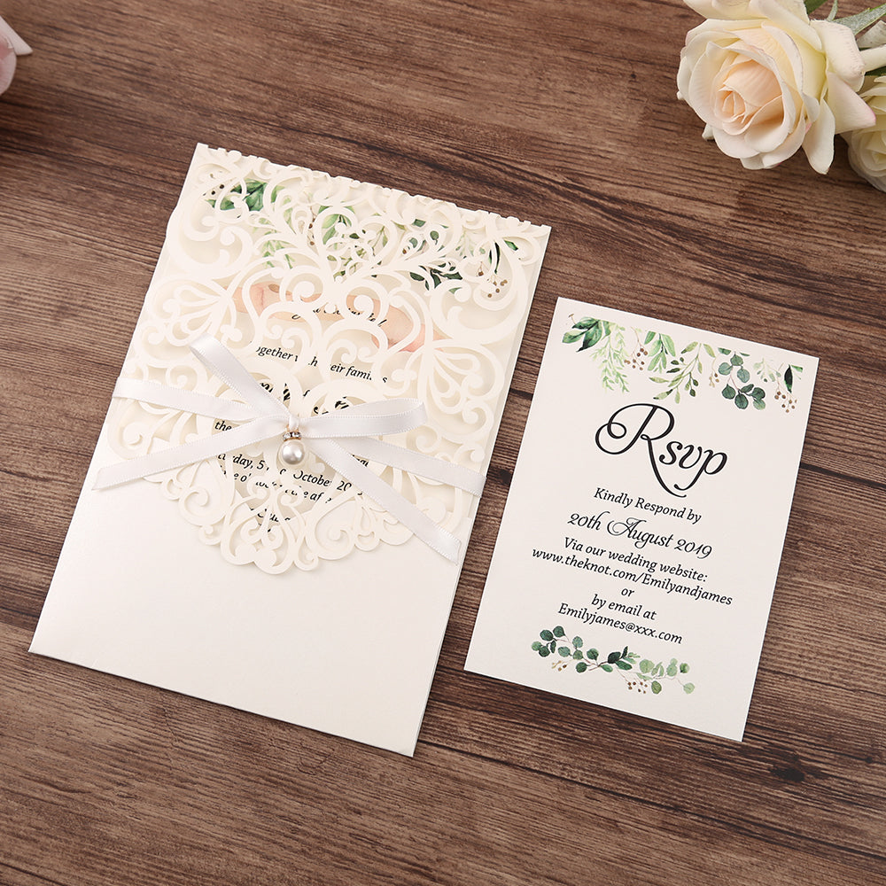Vertical White Floral Laser cut invitations for Wedding Anniversary - DorisHome