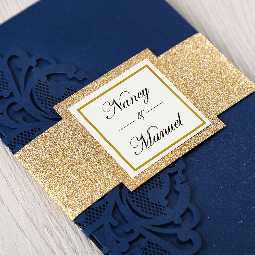 Pearlized Blue Floral Laser cut Wedding Invitation with Glitter Gold Bellyband for Wedding, Anniversary, Quinceanera - DorisHome