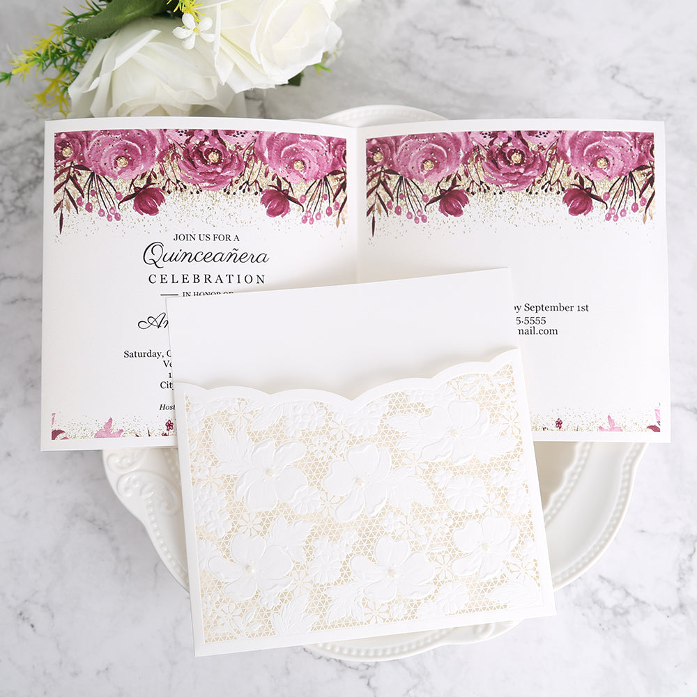 Ivory White Small Pearl Lace Invitations,Invitations - DorisHome