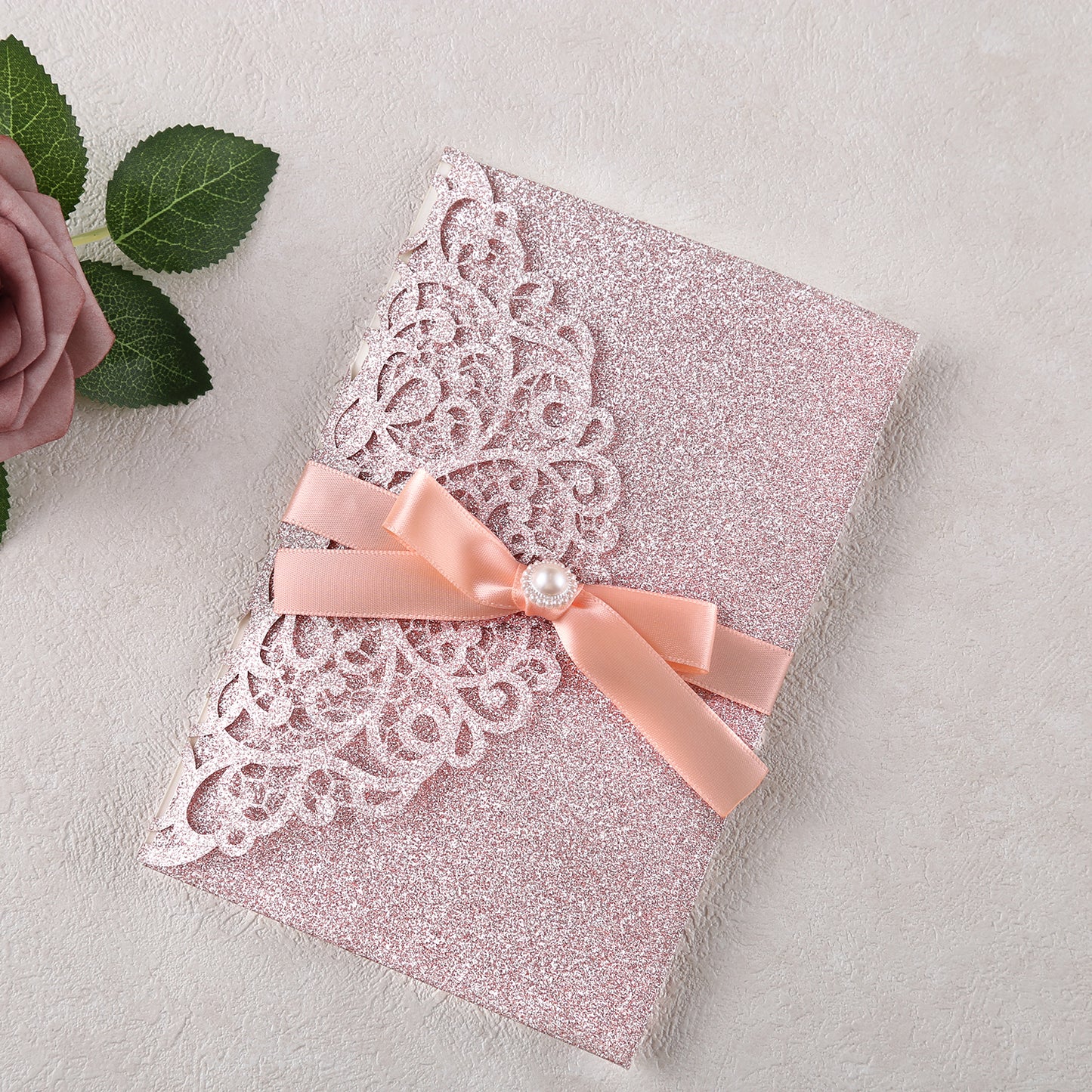 4.7 x7 inch Rose Gold Glitter Laser Cut Hollow Rose Wedding Invitations Cards with Envelopes for Wedding Party
