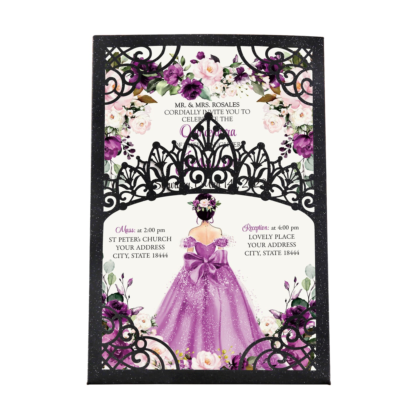 Pearlized Black Invitations Purple Greeting Cards For Quinceanera