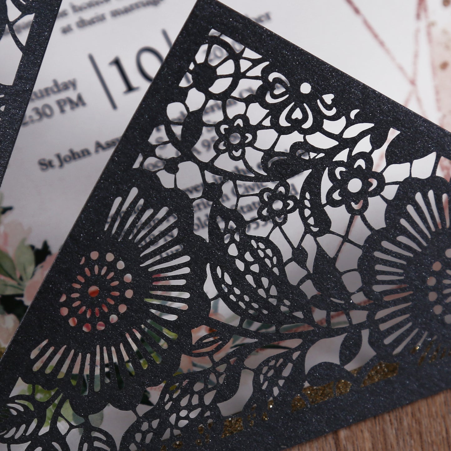 Square Black Lase-cut Lace Flower Pattern Wedding Invitations