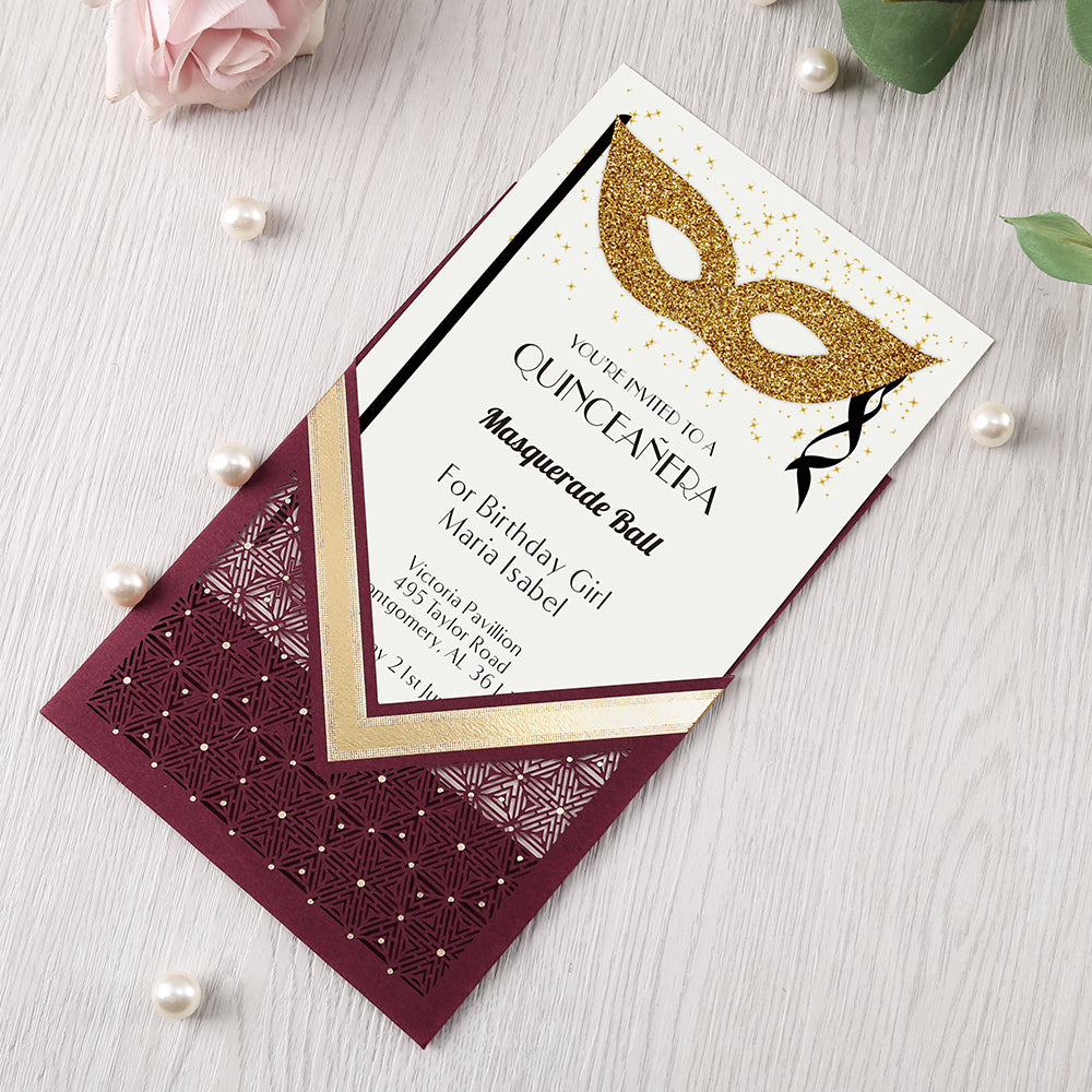 Burgundy Floral Laser cut invitation cards for Wedding, Anniversary, Quinceanera - DorisHome
