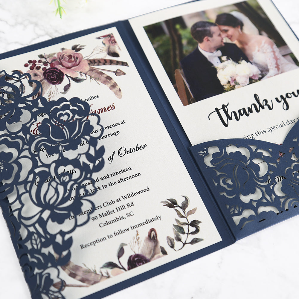 Blue Floral Laser cut invitation cards for Wedding, Anniversary - DorisHome