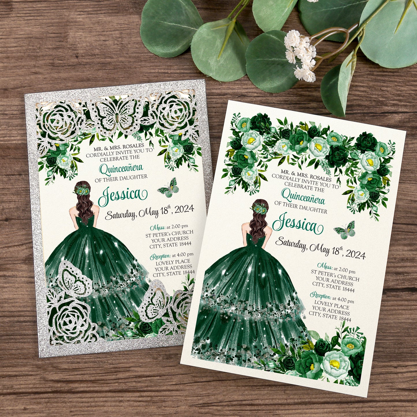 Silver with Hollow Butterflies Invitations Greeting Cards For Quinceanera