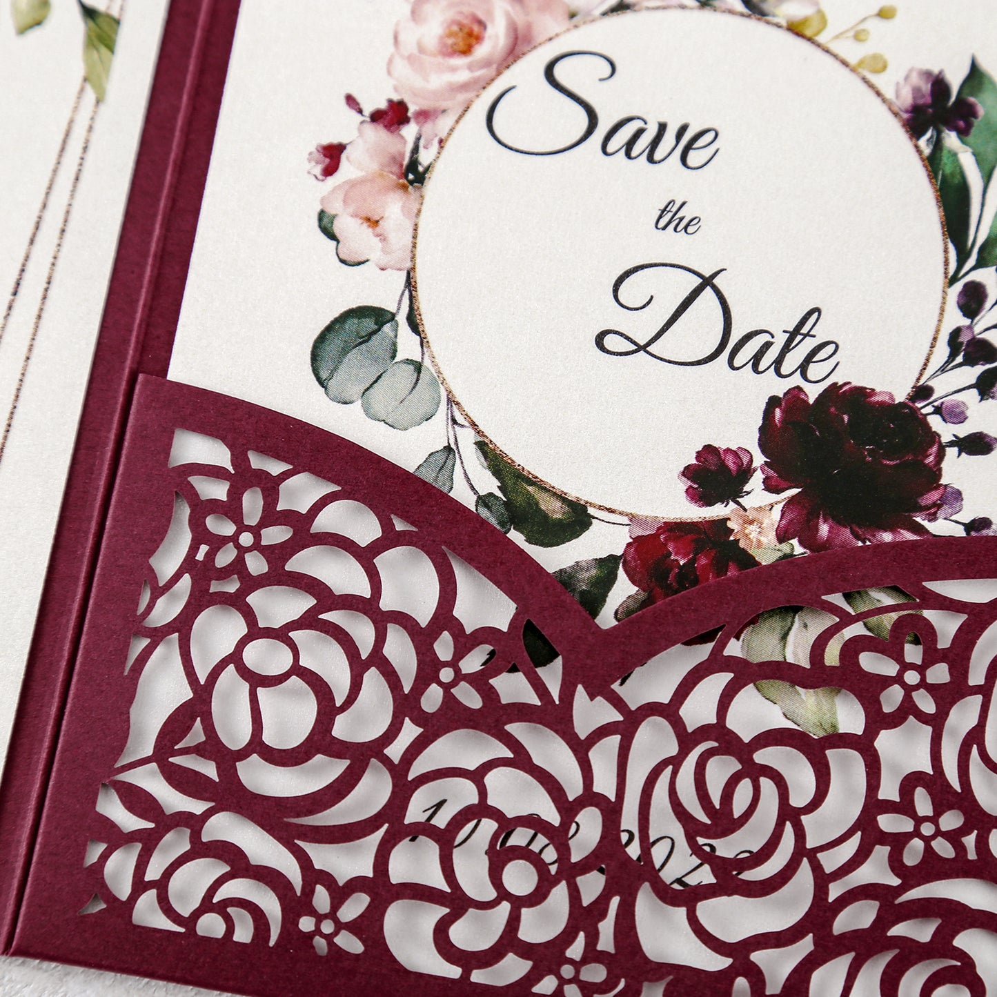 DreamBuilt 4.7 x7 inch Burgundy Laser Cut Hollow Rose Wedding Invitations Cards with Burgundy Pockets and Envelopes for Wedding Bridal Shower