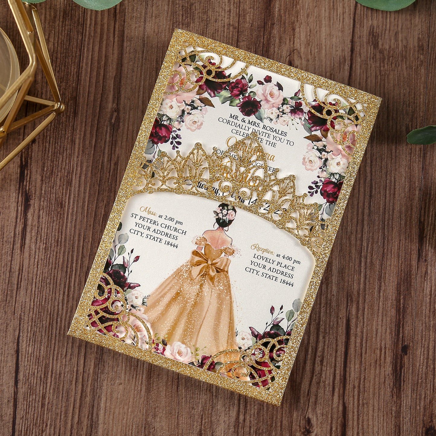 Gold Glitter Wedding Invitations Greeting Cards For Quinceanera - DorisHome