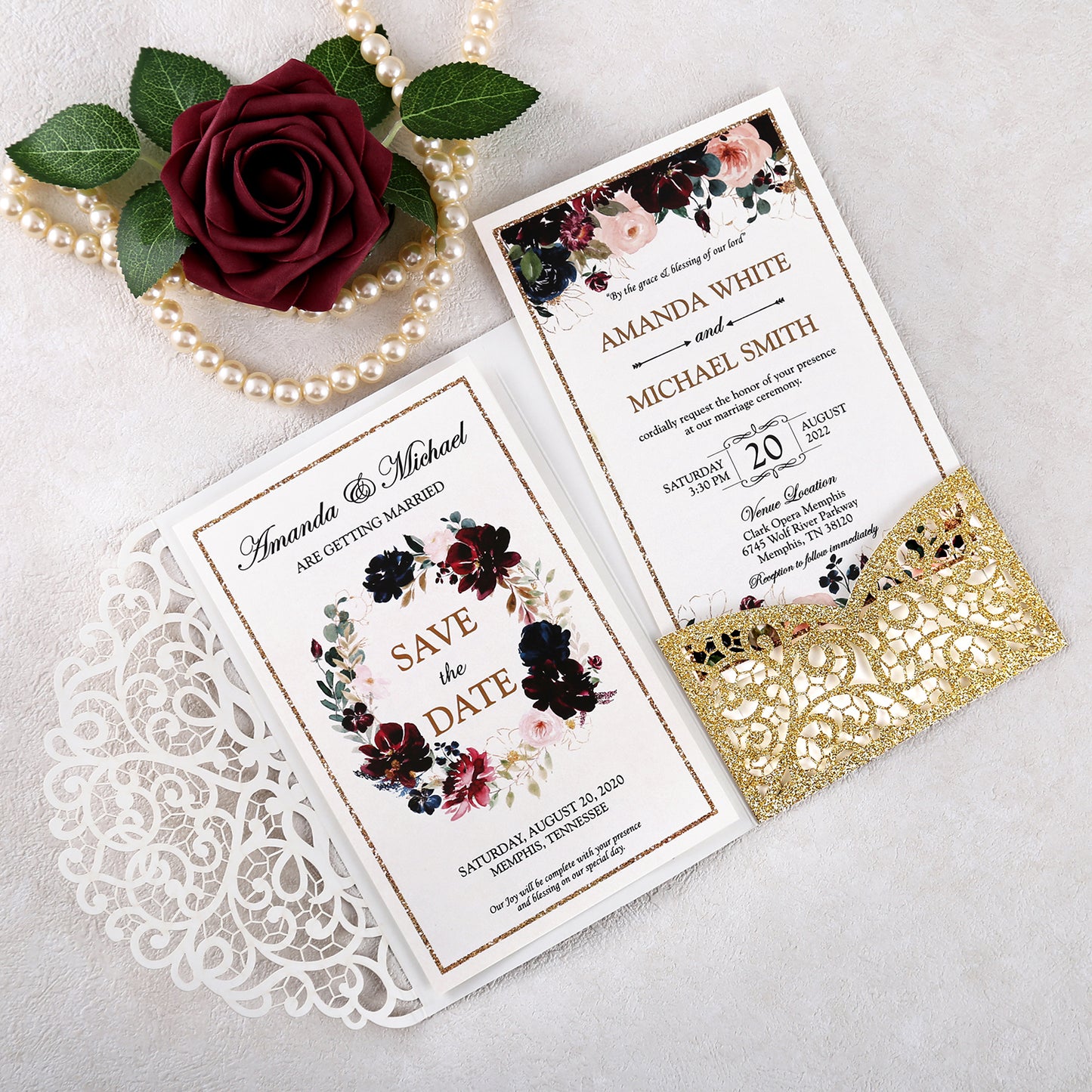 4.7 x7 inch Gold Glitter Laser Cut Hollow Rose Wedding Invitations Cards with Envelopes for Wedding Party
