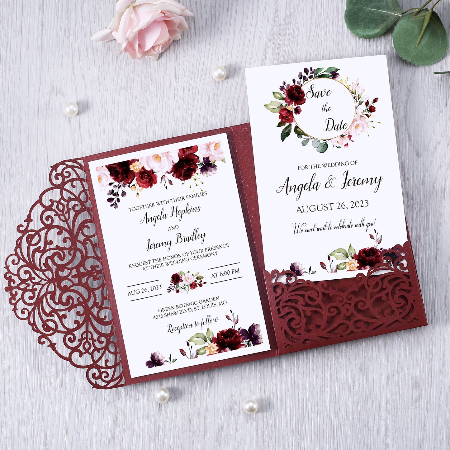 4.7 x7 inch Burgundy Laser Cut Hollow Rose Wedding Invitations Cards with Envelopes for Wedding Party - DorisHome