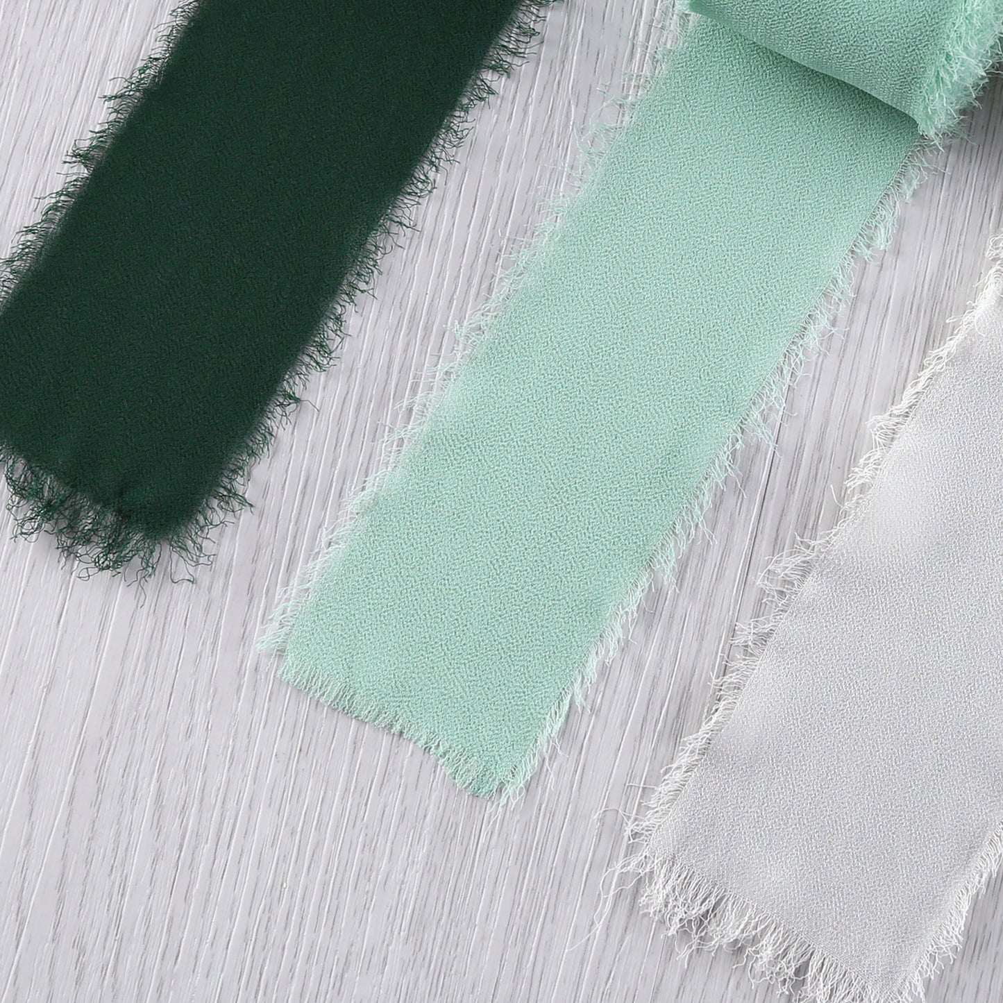Handmade Fringe Chiffon Silk-Like Ribbon 2" x 7Yd Set of 3 Rolls Ribbons for Wedding Invitations, Bouquets, Gift Wrapping (3 Rolls Dark Green/Mint/Ivory)