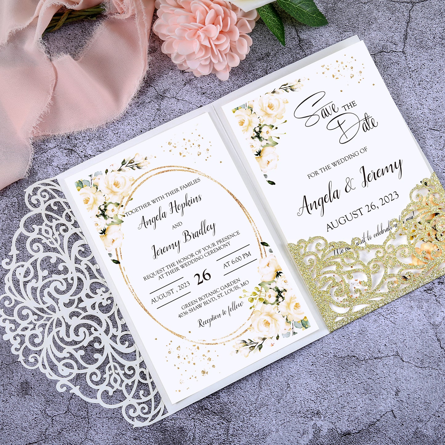 4.7 x7 inch Gold Glitter Laser Cut Hollow Rose Wedding Invitations Cards with Glitter Pockets and Envelopes for Wedding Party - DorisHome