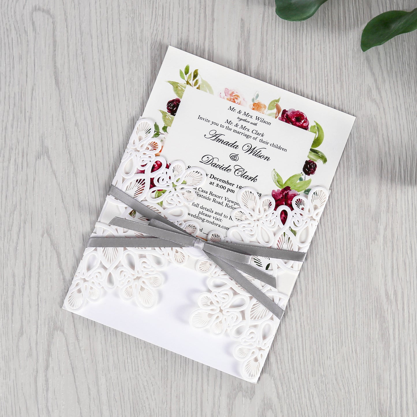 White Laser Cut with Gray Bowknot wedding invitation